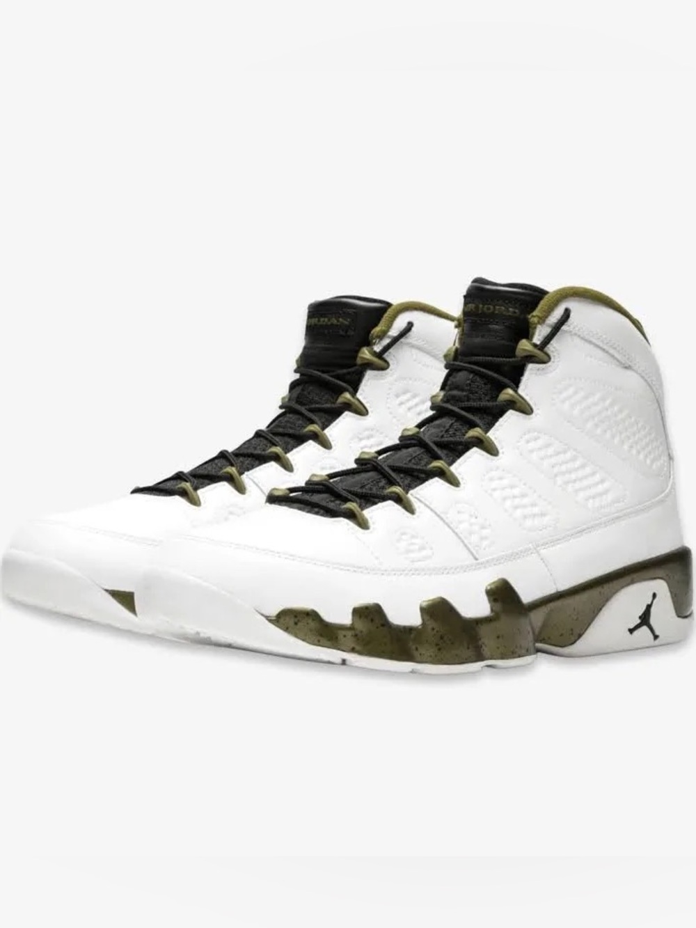 Brand NEW Jordan Men’s White and Olive Green Athletic Basketball Shoes